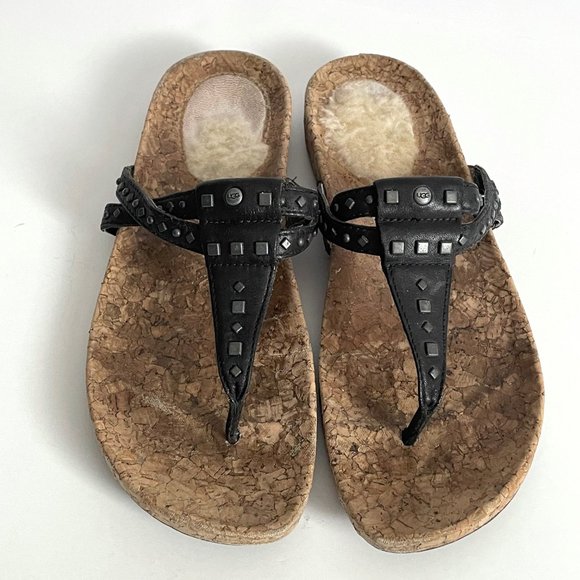 UGG Deitra Dual Strap Studded Leather Cork Thong Flip Flop Sandal Shoe 7 Black - Picture 2 of 10